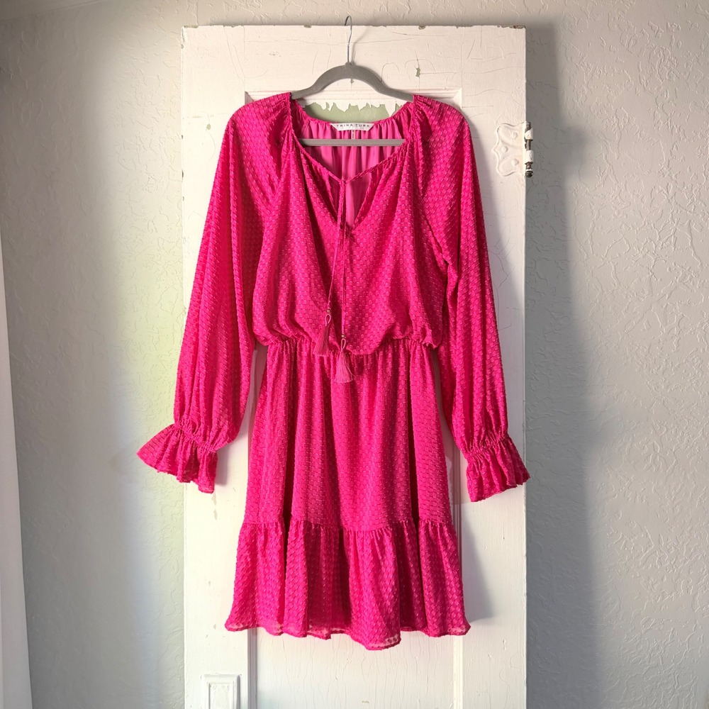Trina Turk Hot Pink Clipped Jacquard Tassel Tiered Mini Dress Small
